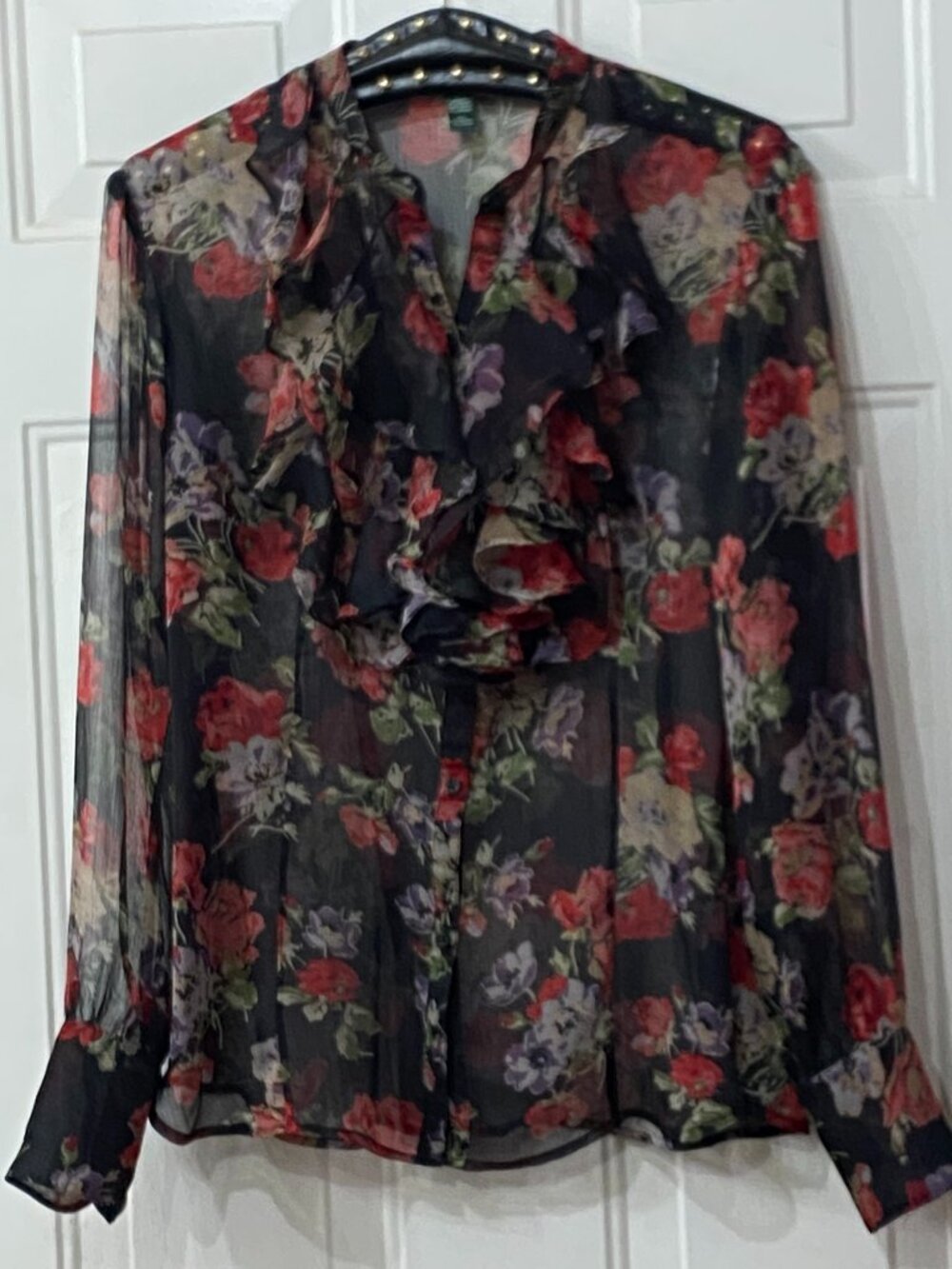 Lauren Ralph Lauren Sz L Sheer Ruffle Blouse Button Up Long Sleeve Multi Floral